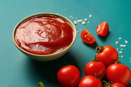 Bowl with tomato paste and fresh vegetables on blue backgroundの写真素材