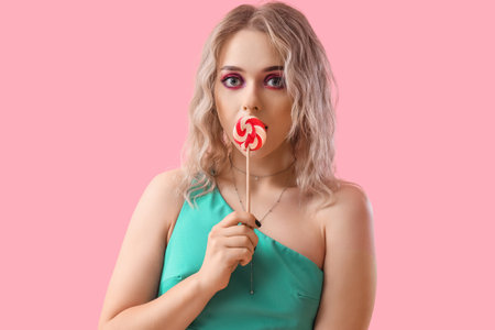 Young woman with lollipop on pink backgroundの写真素材