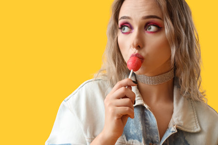 Young woman eating lollipop on yellow background, closeupの写真素材