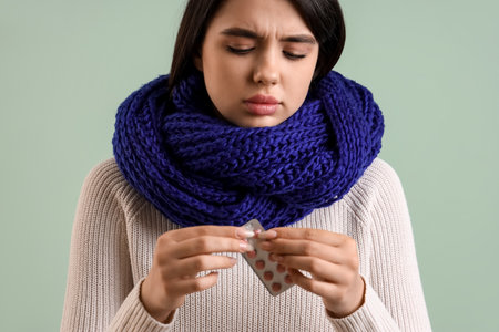 Sick young woman with pills on mint backgroundの写真素材