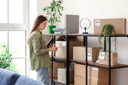 Young woman with notebook preparing parcel for client at home
