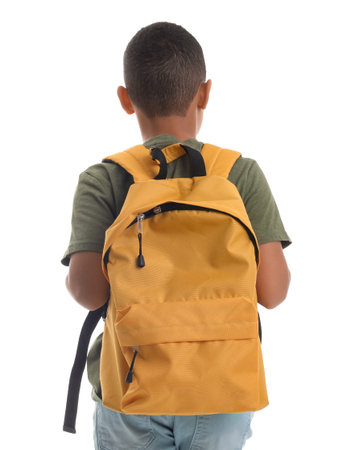 Little African-American schoolboy with backpack on white background, back viewの写真素材