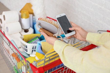 Woman with shopping cart full of cleaning supplies and phone near brick wallの写真素材