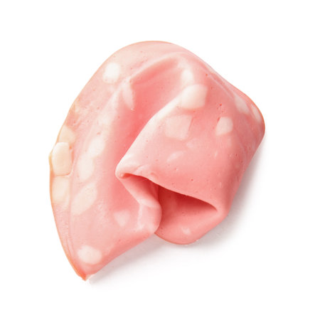 Slice of tasty boiled sausage on white backgroundの写真素材