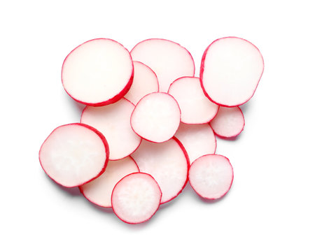 Slices of fresh radish isolated on white backgroundの写真素材