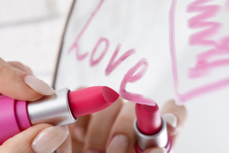 Female hand writing word LOVE with pink lipstick on mirrorの写真素材