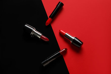 Composition with beautiful lipsticks on color backgroundの写真素材
