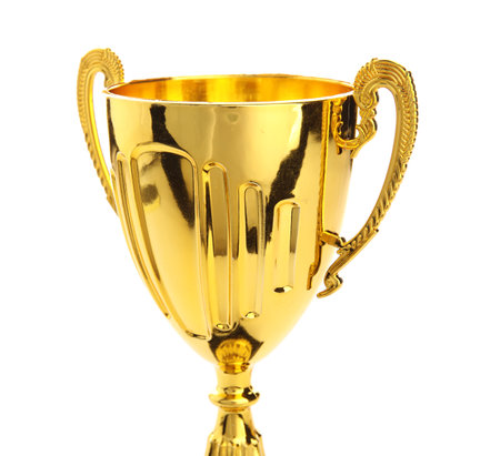 Gold cup on white background, close upの写真素材