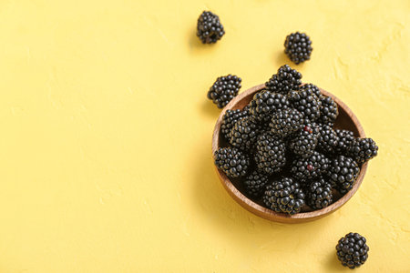 Bowl with fresh blackberry on yellow background, closeupの写真素材
