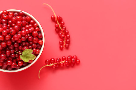 Bowl with fresh currant on red background, closeupの写真素材