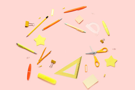 Composition with stationery supplies on pink backgroundの写真素材
