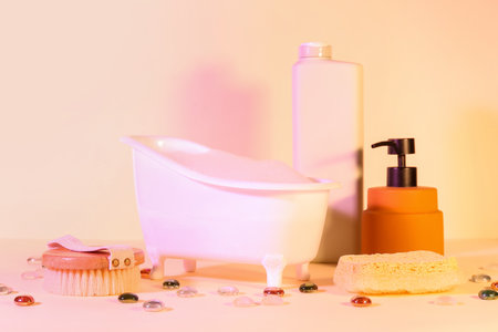 Small bathtub with foam, bath supplies and glass stones on color backgroundの写真素材