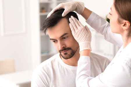 Doctor examining young man's hair in clinic, closeupの写真素材