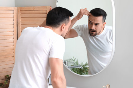 Worried young man with hair loss problem looking in mirror at home