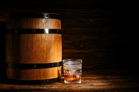 Glass of cold rum and barrel on wooden backgroundの写真素材