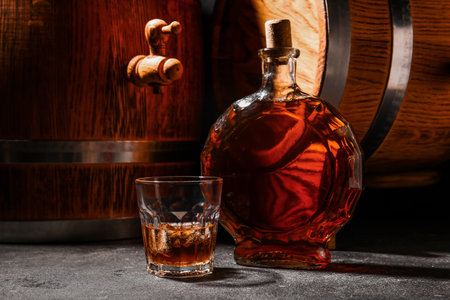 Barrels with bottle and glass of cold rum on wooden tableの写真素材
