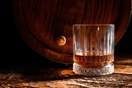 Glass of rum and barrel on wooden tableの写真素材