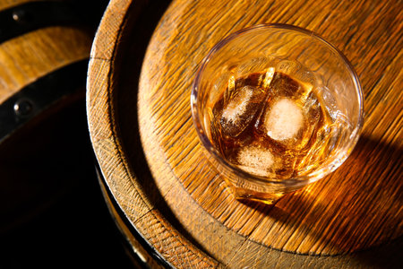 Barrel with glass of cold rum, closeupの写真素材