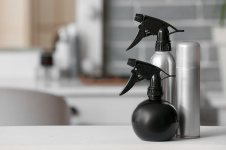 Different hair sprays on table in beauty salon