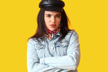 Upset young woman in cap on yellow background