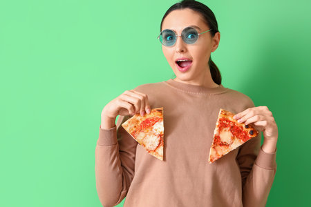 Surprised young woman in sunglasses with slices of tasty pizza on green backgroundの写真素材