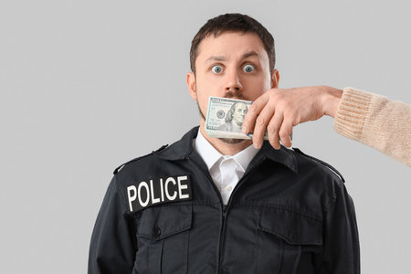 Man with bribe covering mouth of policeman on gray backgroundの写真素材