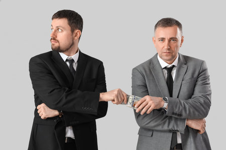 Businessman taking bribe from man on gray background