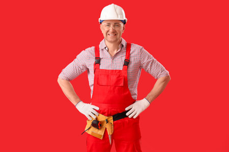 Mature carpenter in hardhat on red backgroundの写真素材