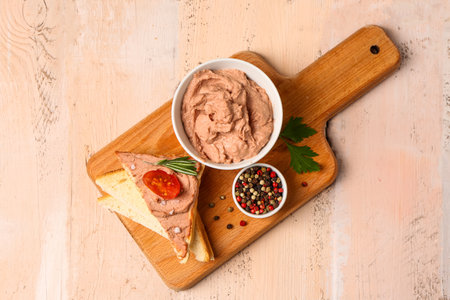 Board with bowl of tasty pate, sandwiches and peppercorns on light wooden backgroundの写真素材