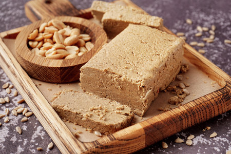 Board with pieces of tasty halva, peanuts and sunflower seeds on gray backgroundの写真素材
