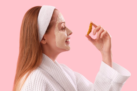 Young woman with applied turmeric mask and root on pink background, closeupの写真素材