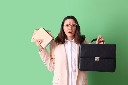 Stressed young businesswoman with briefcase and notebooks on green backgroundの写真素材