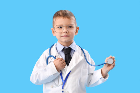 Cute little doctor with stethoscope on blue backgroundの写真素材