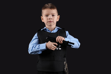 Cute little police officer with gun on black backgroundの写真素材