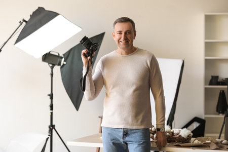 Mature photographer with professional camera in studioの写真素材