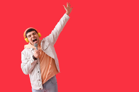 Young man in headphones with microphone singing on red background