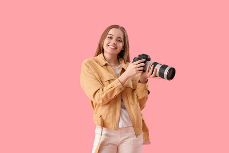 Young female photographer with professional camera on pink backgroundの写真素材