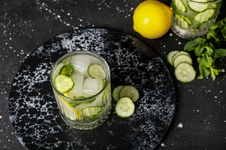 Glass of mojito with cucumber on grunge black tableの写真素材