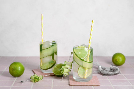 Glasses of mojito with cucumber on tile table