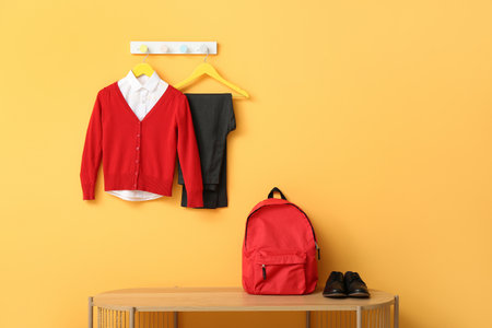 Stylish school uniform hanging on rack with backpack against yellow wallの写真素材