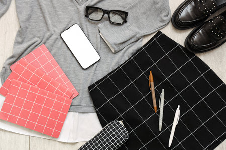 Composition with stylish school uniform, shoes, mobile phone, eyeglasses and stationery on wooden background, closeupの写真素材
