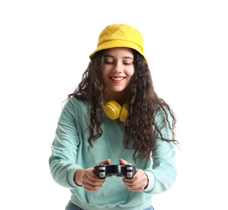 Teenage girl with game pad on white background
