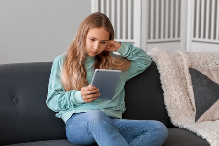 Little girl using tablet computer on sofa at homeの写真素材