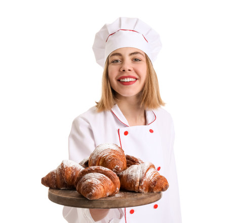 Female baker with board of tasty croissants on white backgroundの写真素材
