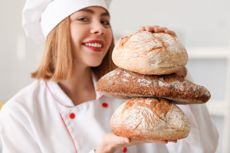 Female baker with loaves of fresh bread in kitchen, closeup