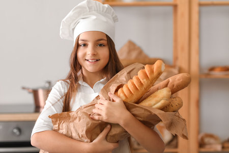 Little baker with tasty baguettes in the kitchenの写真素材