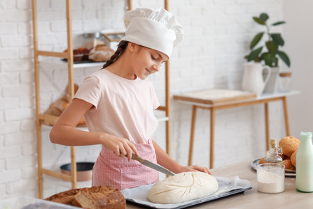 Little baker preparing dough for bread in kitchen