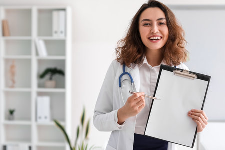 Young female doctor with clipboard in clinicの写真素材