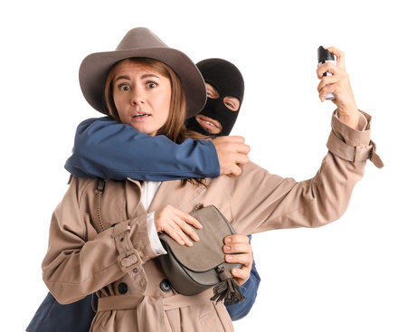 Young woman with pepper spray defending herself against thief on white backgroundの写真素材