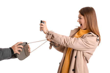 Young woman with pepper spray defending herself against thief on white background
